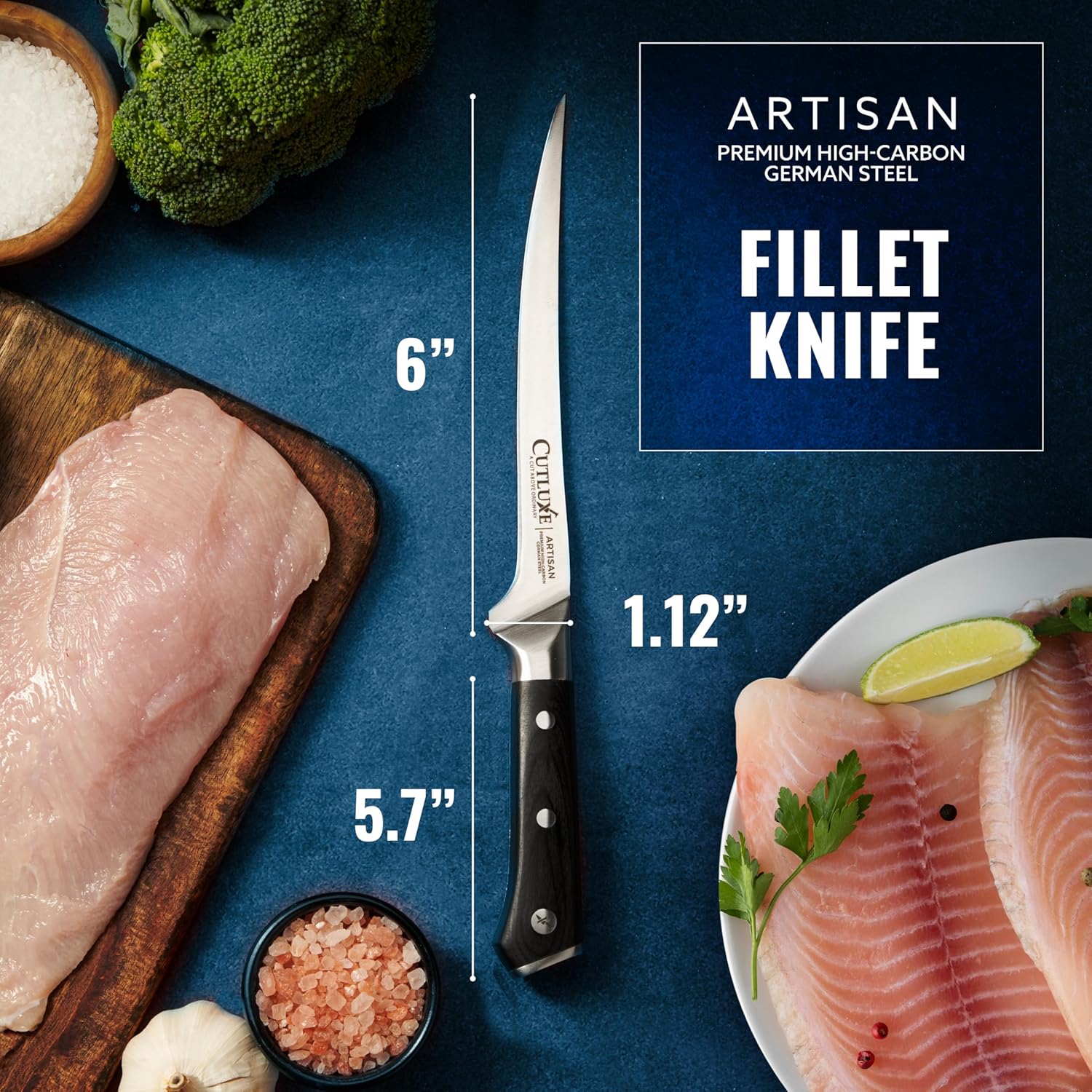 Cutluxe Fillet Knife for Fish & Meat – 7" Razor Sharp Boning Knife – Flexible High Carbon German Steel, Full Tang Ergonomic Handle Design, Grilling Gifts for Men – Artisan Series