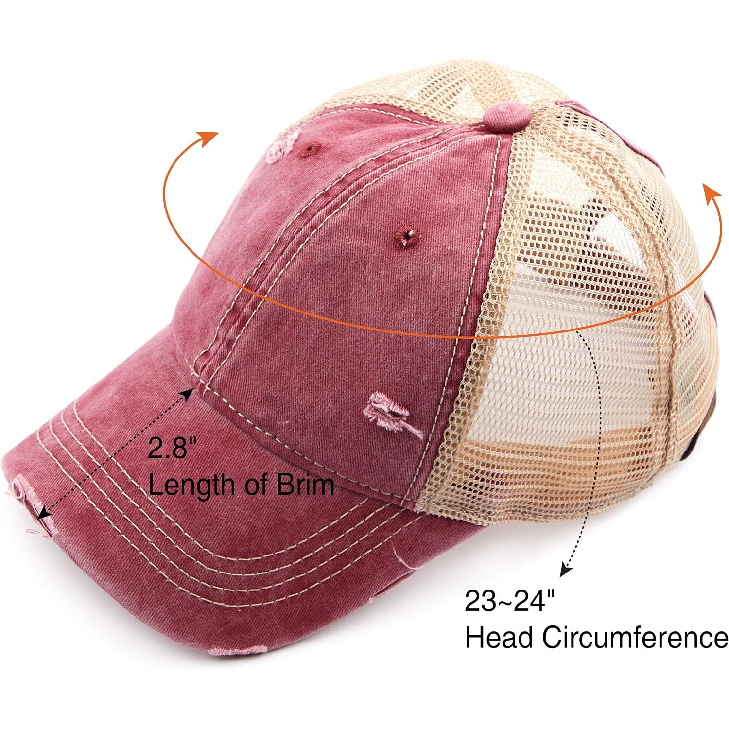 C.C Hatsandscarf Exclusives Washed Distressed Cotton Denim Ponytail Hat Adjustable Baseball Cap (BT-12) (BT-13) Burgundy