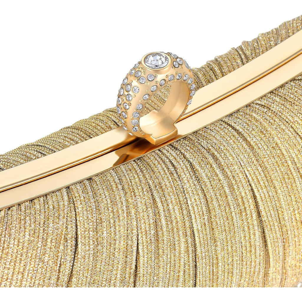 Womens Golden Glitter Clutch Purse Pleated Evening Bag for Bridal Wedding Party with Rhinestone Ring