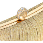 Womens Golden Glitter Clutch Purse Pleated Evening Bag for Bridal Wedding Party with Rhinestone Ring
