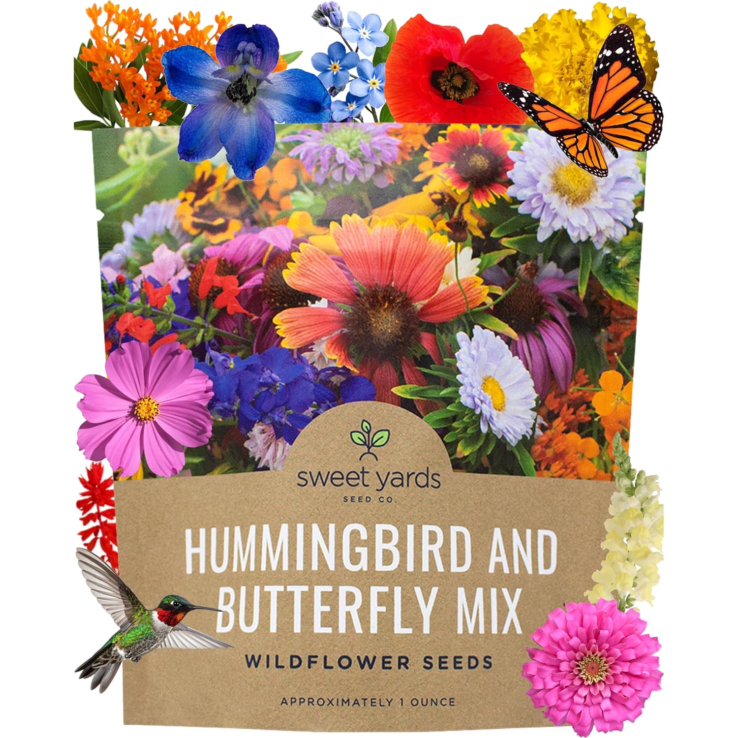 Wildflower Seeds Butterfly And Humming Bird Mix - Large 1 Ounce Packet 7,500+ Seeds - 23 Open Pollinated Annual And Perennial Species