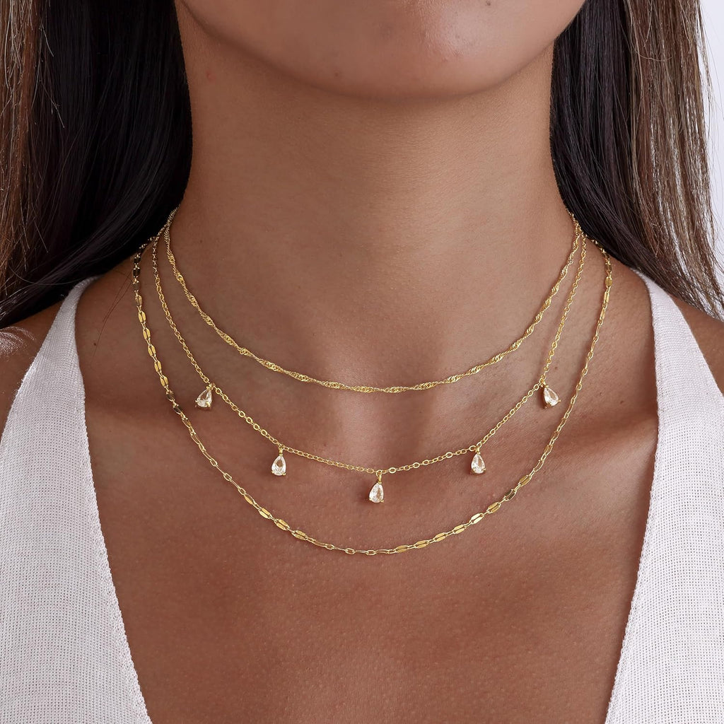 Layered Necklaces for Women, Dainty Gold Necklace Stack 14k Gold Plated Layering CZ Chain Choker Necklaces for Women Trendy Simple Non Tarnish Gold Necklaces Set Fashion Bridal Prom Jewelry