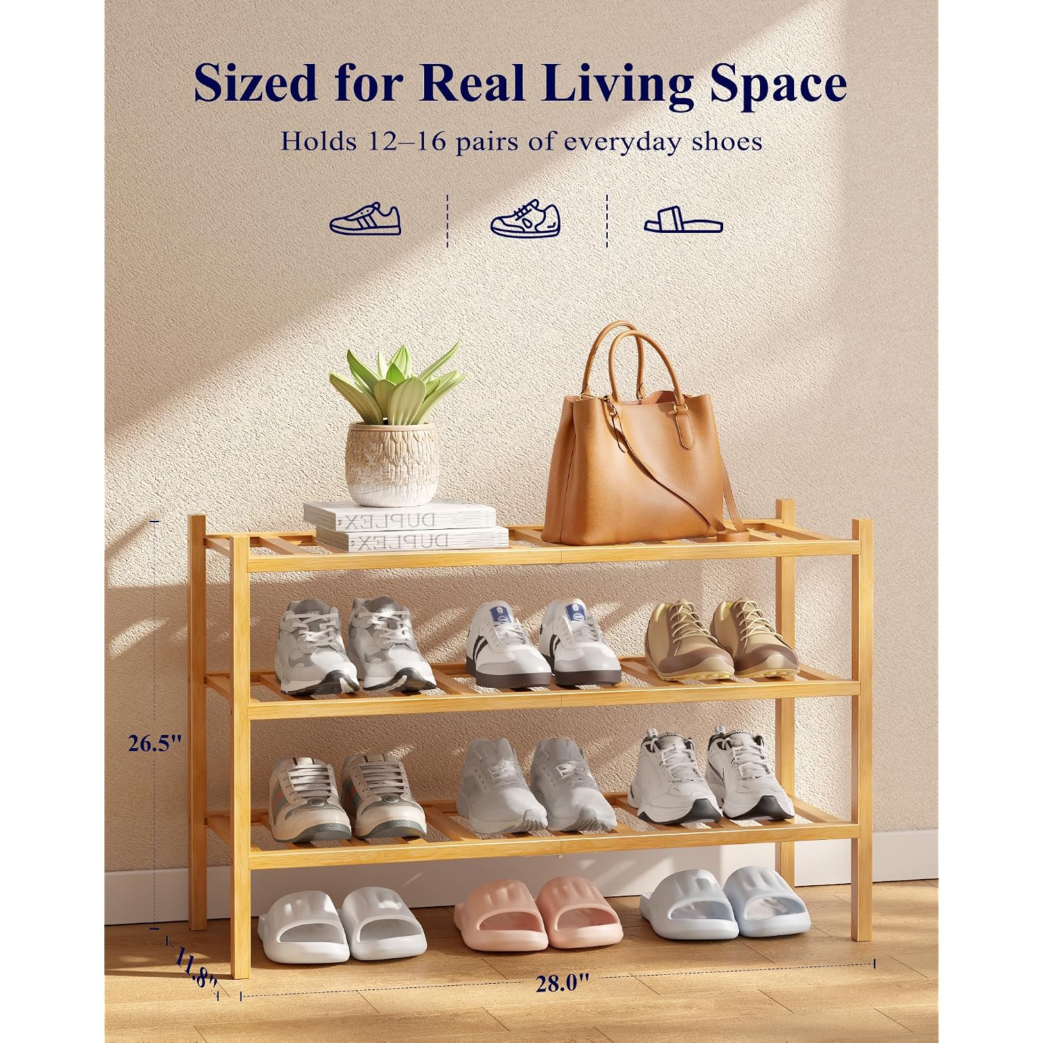 Kitsure Bamboo Wooden Shoe Rack For Closet - Stackable Shoe Organizer With Modular Structure, Space-Saving Shoe Shelf For Entryway, Living Room, Bedroom, 26.8" X 11" X 18.9", Natural