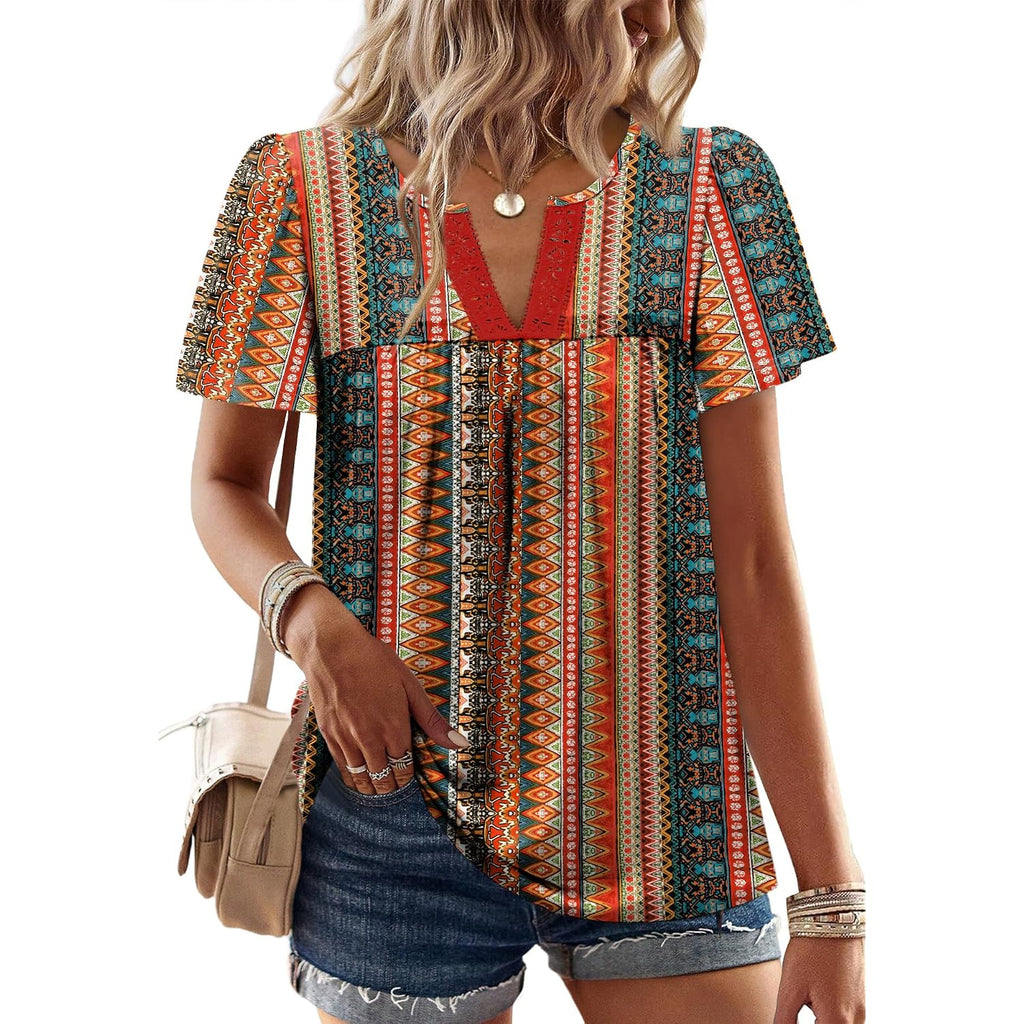Ofeefan Womens Summer Tops Boho Short Sleeve Shirts V Neck Fashion Lace Blouses Dressy Casual Flowy Holiday Outfits