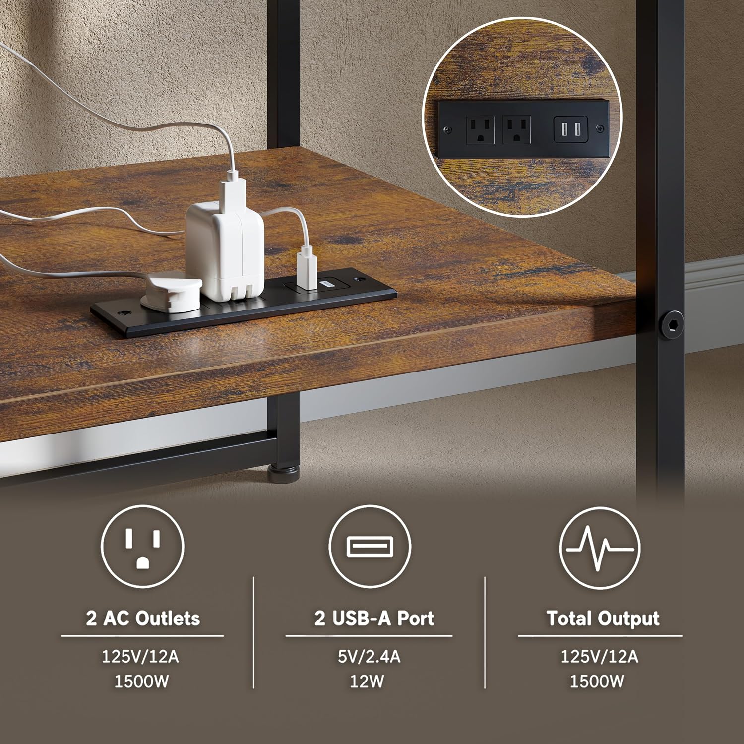 Tatub 20In End Table With Charging Station, Rustic Brown Square Side Table With Usb Ports & Outlets, Versatile Mini Fridge Table Printer Stand Nightstand For Bedroom Living Room