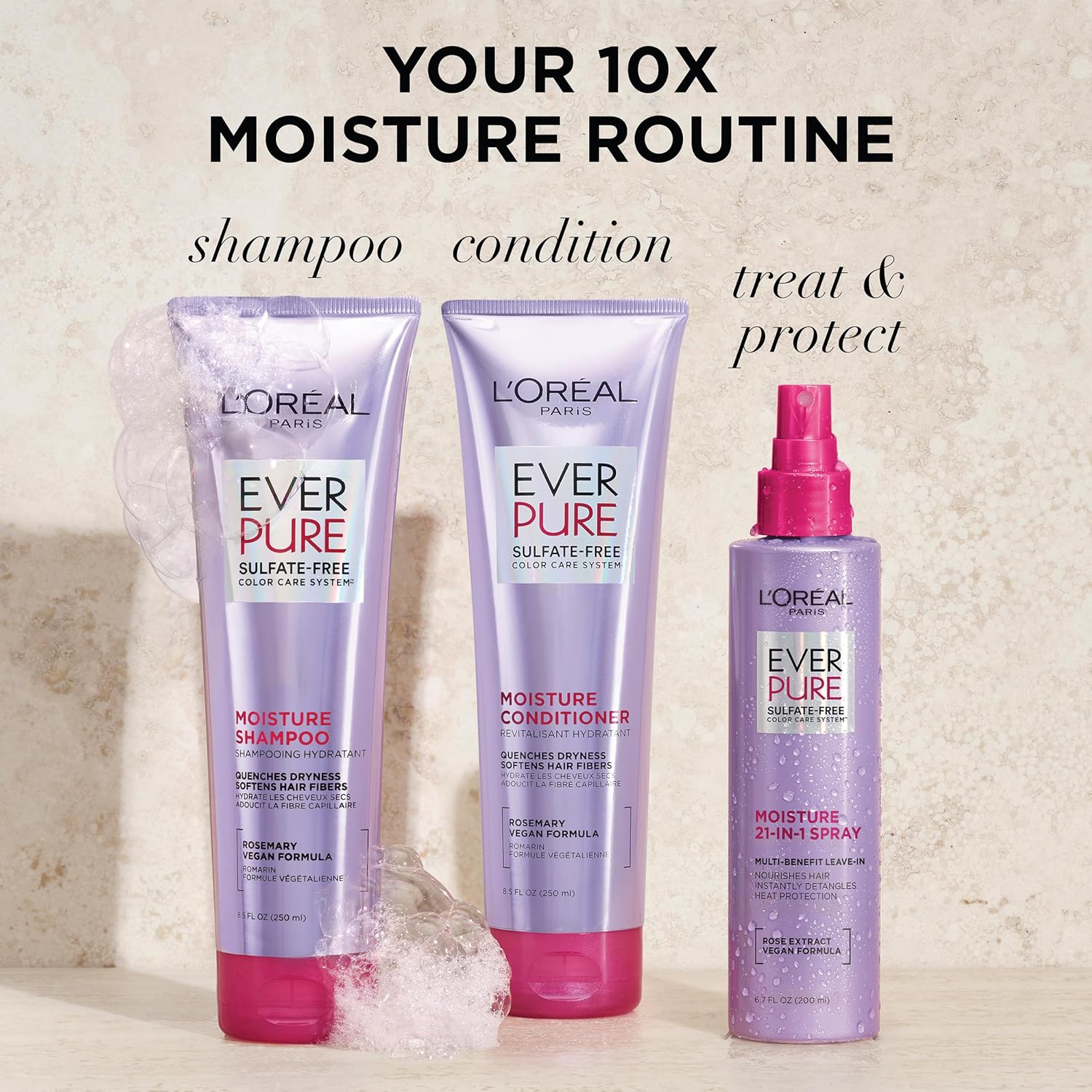 L'Oreal Paris Everpure Moisture 21-In-1 Leave In Conditioner, Multi-Benefit Heat Protectant Spray For Hair Up To 450°F, Detangling Frizz Control For Color Treated, Dry, Or Damaged Hair, 6.7 Fl Oz