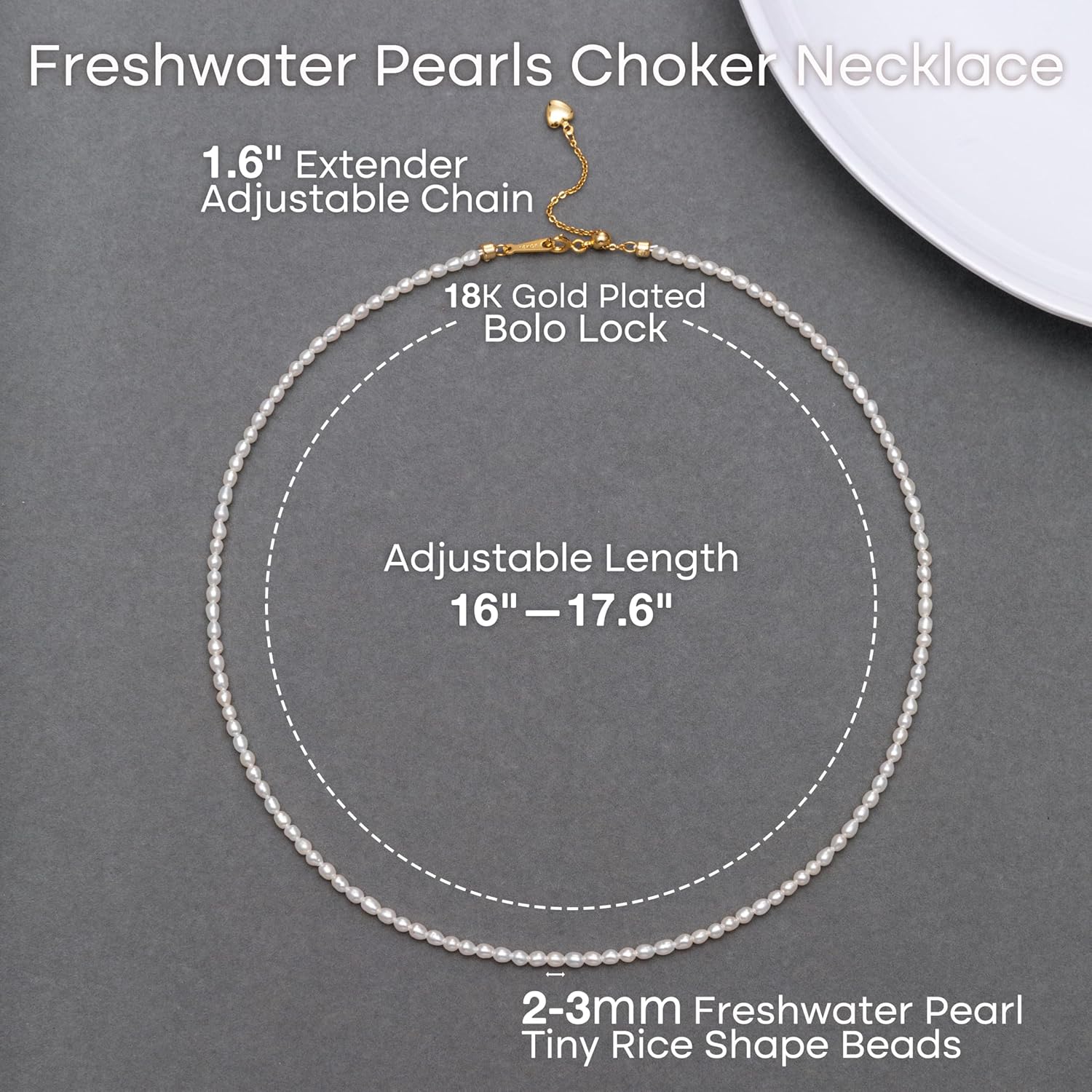 Freshwater Pearls Choker Necklace for Women Tiny Small Rice Pearl Strand Necklace 18K Gold Plated Bolo Lock