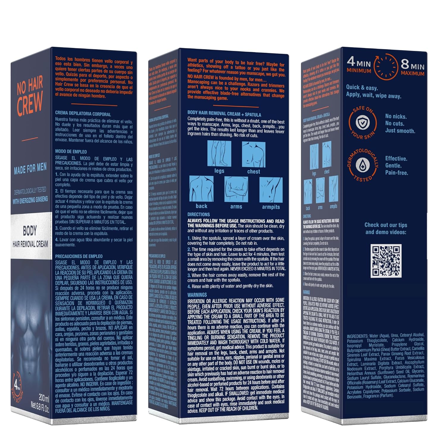 No Hair Crew Body At Home Hair Removal Cream for Manscaping Unwanted Hair with Energizing Ginseng, Premium Depilatory, Painless & Flawless, Made for Men, 200ml