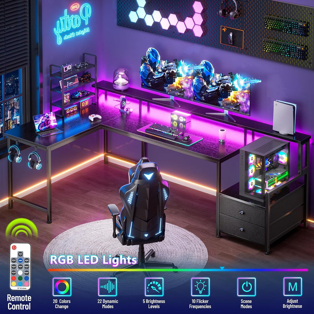 Korfile 66'' L Shaped Gaming Desk With Drawers And Storage Shelves, Reversible Corner Desk With Power Outlets And Host Stand, Large Computer Desk With Led Lights For Gaming, Work, Home Office, Black