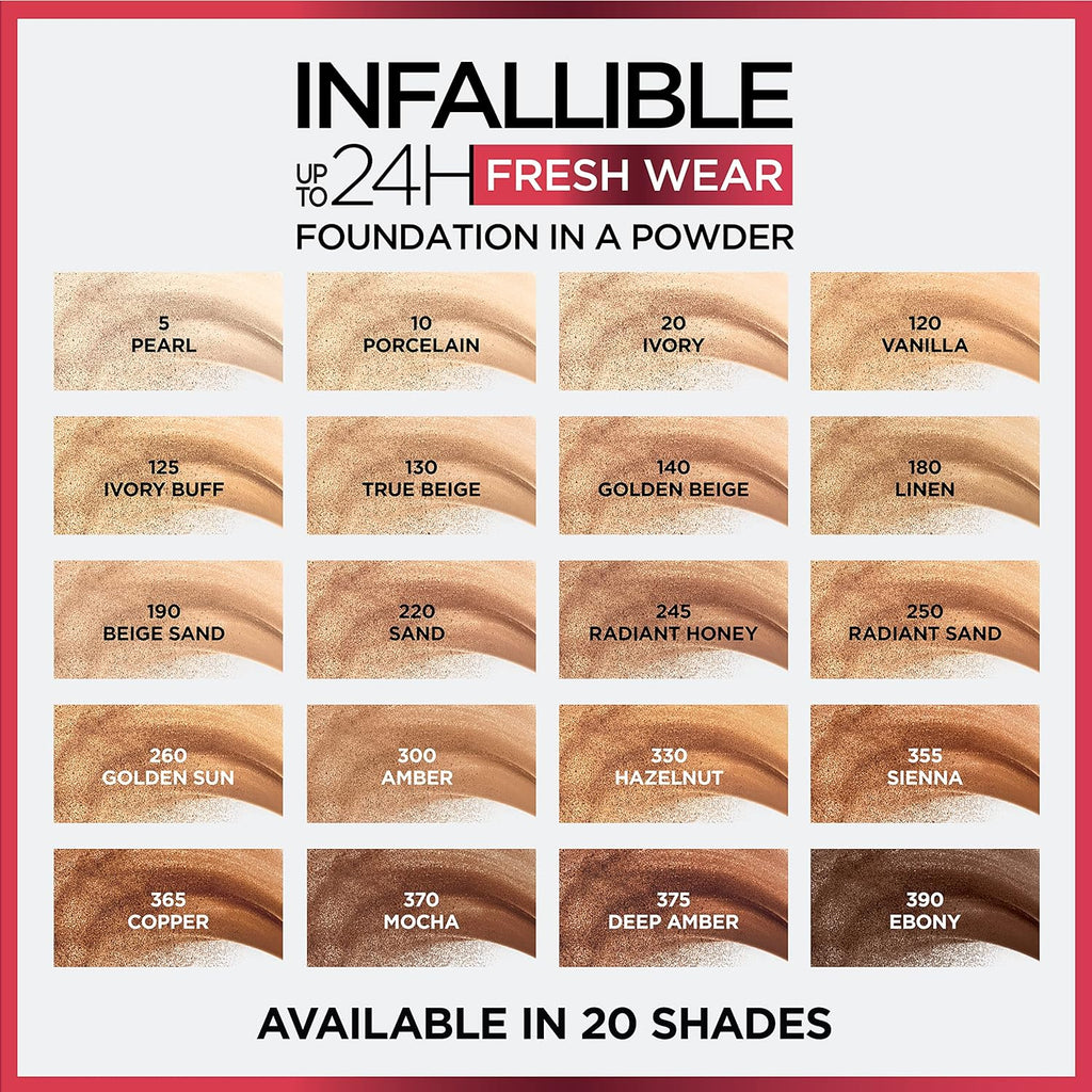 L'Oreal Paris Makeup Infallible Fresh Wear Foundation in a Powder, Up to 24H Wear, Waterproof, True Beige, 0.31 oz. (Packaging May Vary)