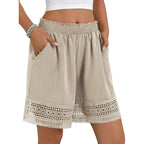 Women's Casual Elastic Waist Lounge Shorts Comfy Stretch Lace Trim Summer Beach Linen Ruffle Shorts