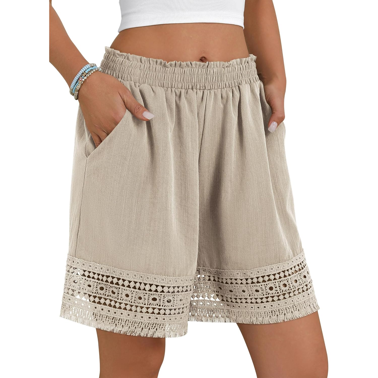 Women's Casual Elastic Waist Lounge Shorts Comfy Stretch Lace Trim Summer Beach Linen Ruffle Shorts