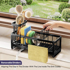 Sponge Holder For Kitchen Sink - Sink Caddy With Brush Holder Self-Draining Sponge Caddy Organizer With Divider Stainless Steel Kitchen Accessories Storage For Countertop, Black