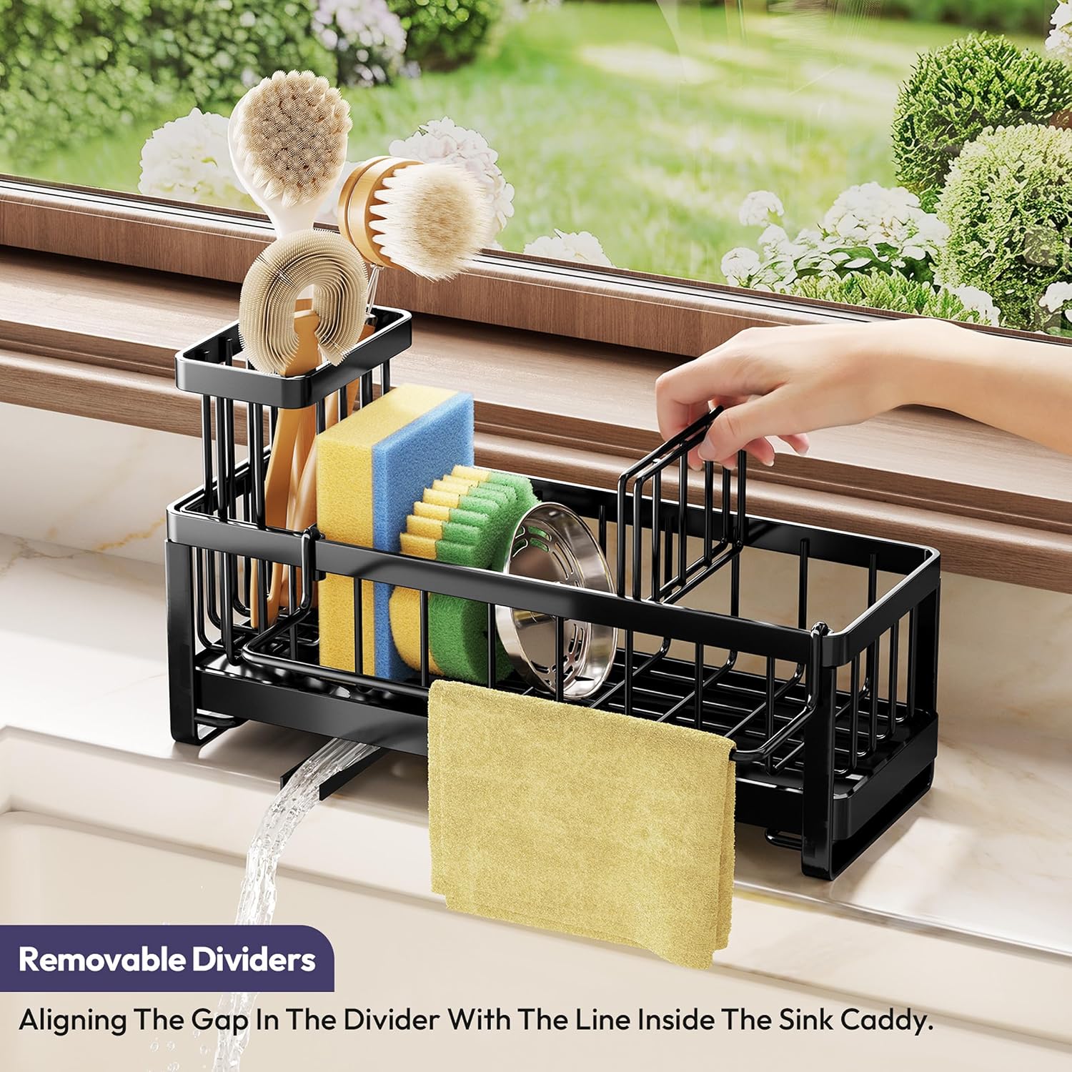 Sponge Holder For Kitchen Sink - Sink Caddy With Brush Holder Self-Draining Sponge Caddy Organizer With Divider Stainless Steel Kitchen Accessories Storage For Countertop, Black