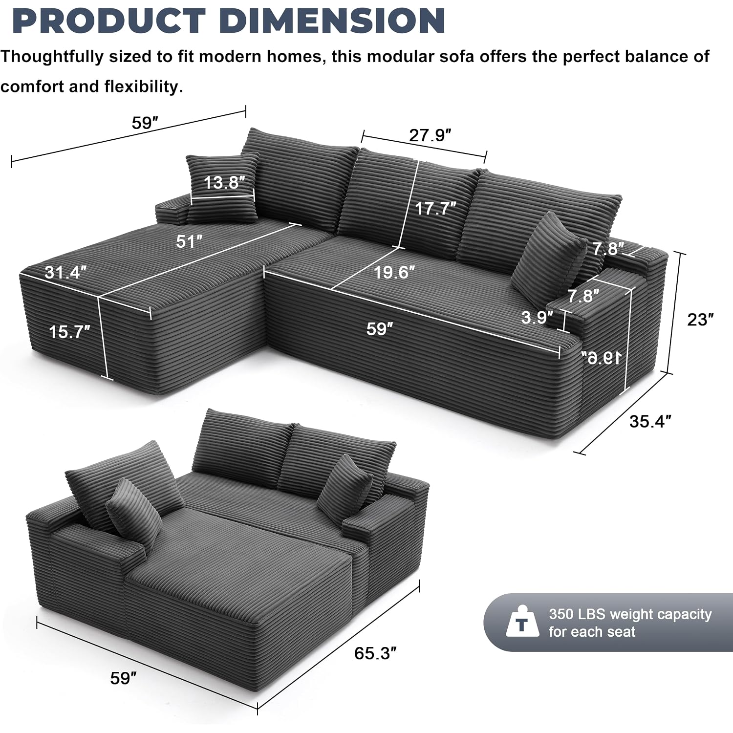 Mangodan Cloud Sectional Couch, Boneless Sofa For Living Room, Fluffy Comfy Couch With Deep Seat, Modular Sectional Sofa With L-Shaped Chaise, No Assembly Required, Dark Grey