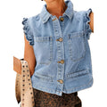 Women'S Casual Denim Vest Sleeveless Ruffle Cuffed Cropped Jacket Tops 2026 | Country Concert Outfits For Women,Western Clothing,Y2K Fashion,Denim Vest Shirts,Spring & Summer Fashion,Button Down Closure