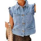 Women'S Casual Denim Vest Sleeveless Ruffle Cuffed Cropped Jacket Tops 2026 | Country Concert Outfits For Women,Western Clothing,Y2K Fashion,Denim Vest Shirts,Spring & Summer Fashion,Button Down Closure