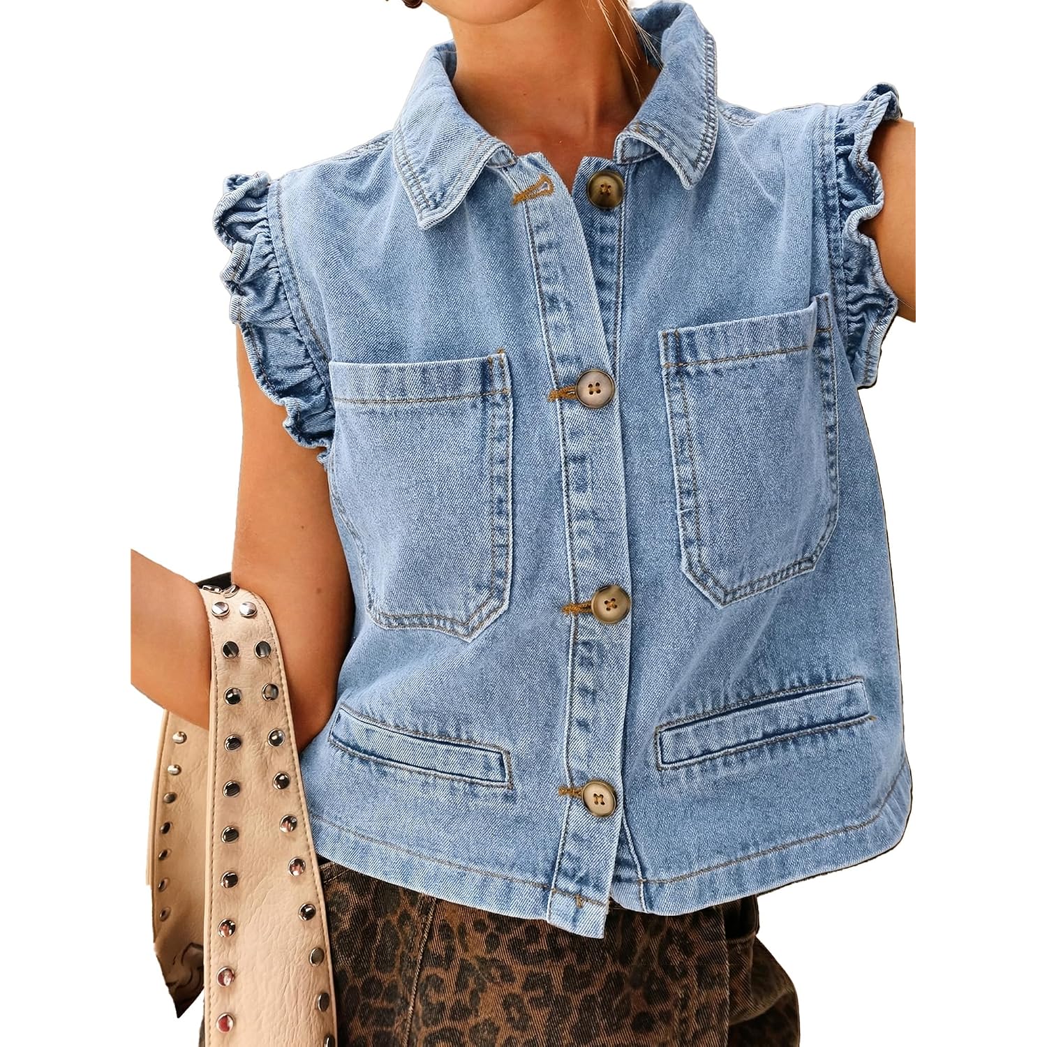 Women'S Casual Denim Vest Sleeveless Ruffle Cuffed Cropped Jacket Tops 2026 | Country Concert Outfits For Women,Western Clothing,Y2K Fashion,Denim Vest Shirts,Spring & Summer Fashion,Button Down Closure