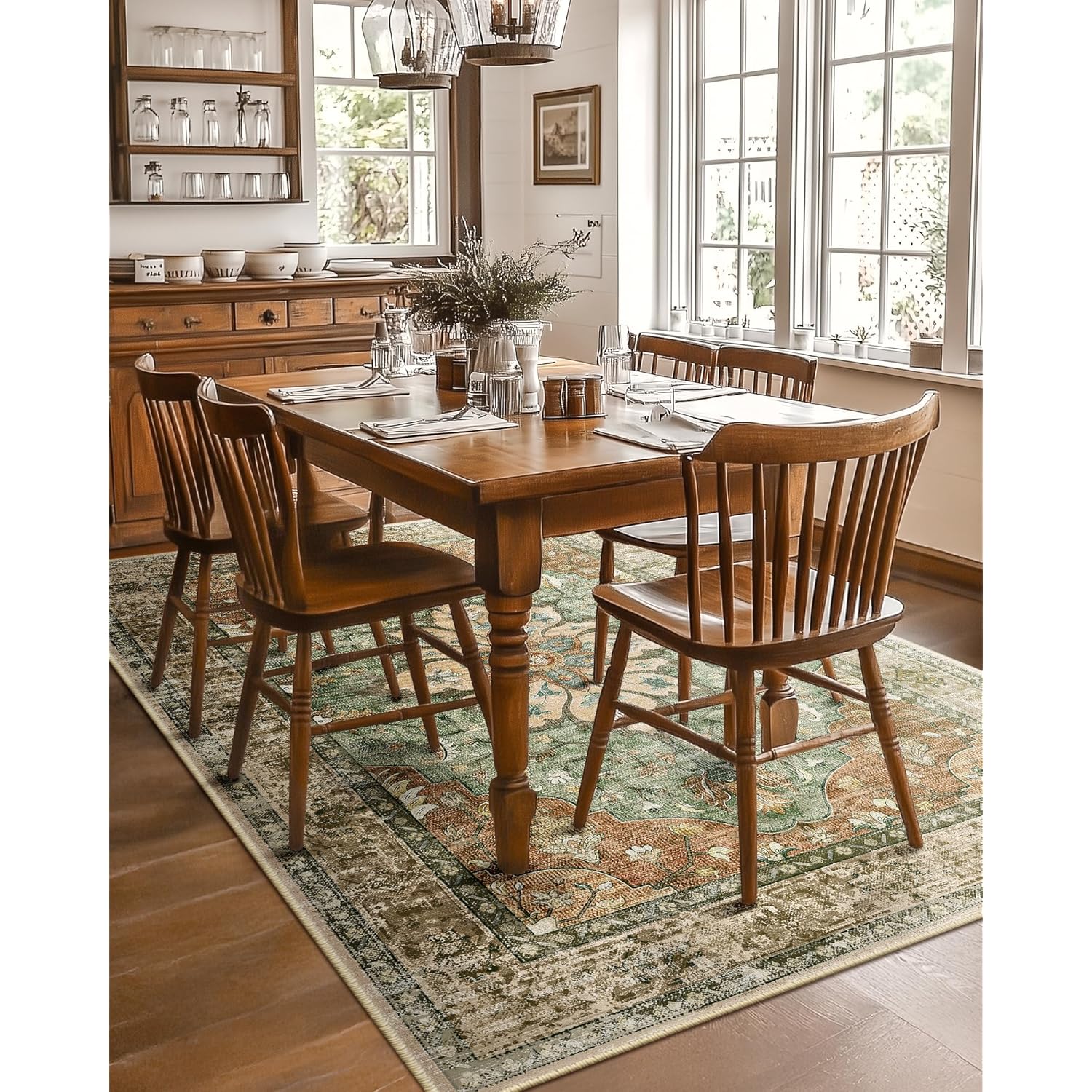 RELEANY Area Rugs 5'x7' Washable Non-Slip, Floral Vintage Distress Print Pattern Medallion Carpet for Living Room Bedroom Dining Room, Brick Red Rust Neutral Brown Burnt Orange Green