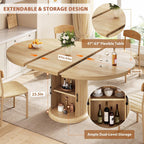 Jocoevol 47″–63″ Extendable Round Dining Table For 4–8 With Dust-Proof 2-Tier Storage Shelf Space-Saving Expandable Dining Room Table Wood Oval Circle Dining Table With Pedestal Base (Natural)