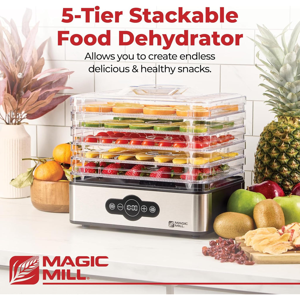 Magic Mill Food Dehydrator Machine | 5 Stackable Stainless Steel Trays, 48H Digital Adjustable Timer & Temperature Control Upto 167° Electric Dryer & Preserver For Jerky, Fruit, Dog Treats & Much More