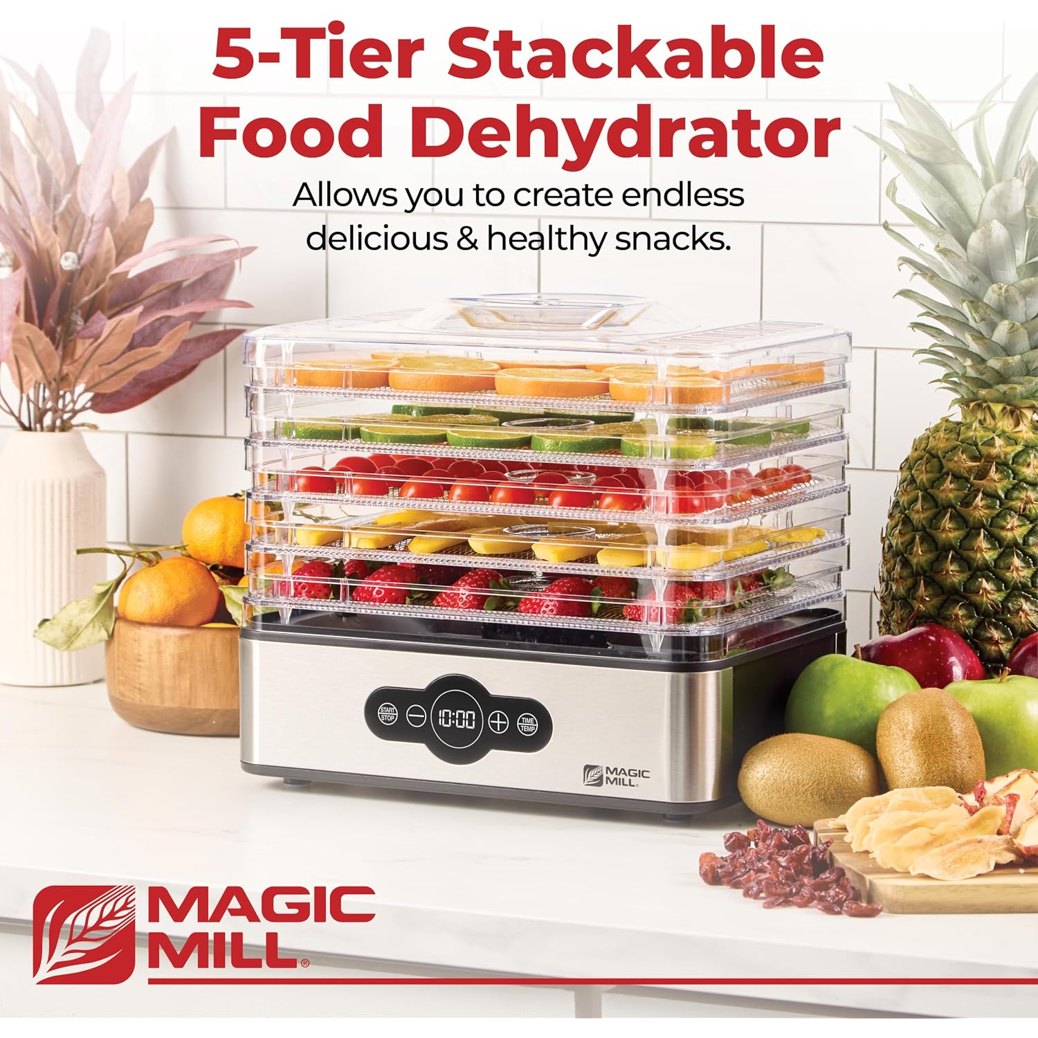 Magic Mill Food Dehydrator Machine | 5 Stackable Stainless Steel Trays, 48H Digital Adjustable Timer & Temperature Control Upto 167° Electric Dryer & Preserver For Jerky, Fruit, Dog Treats & Much More