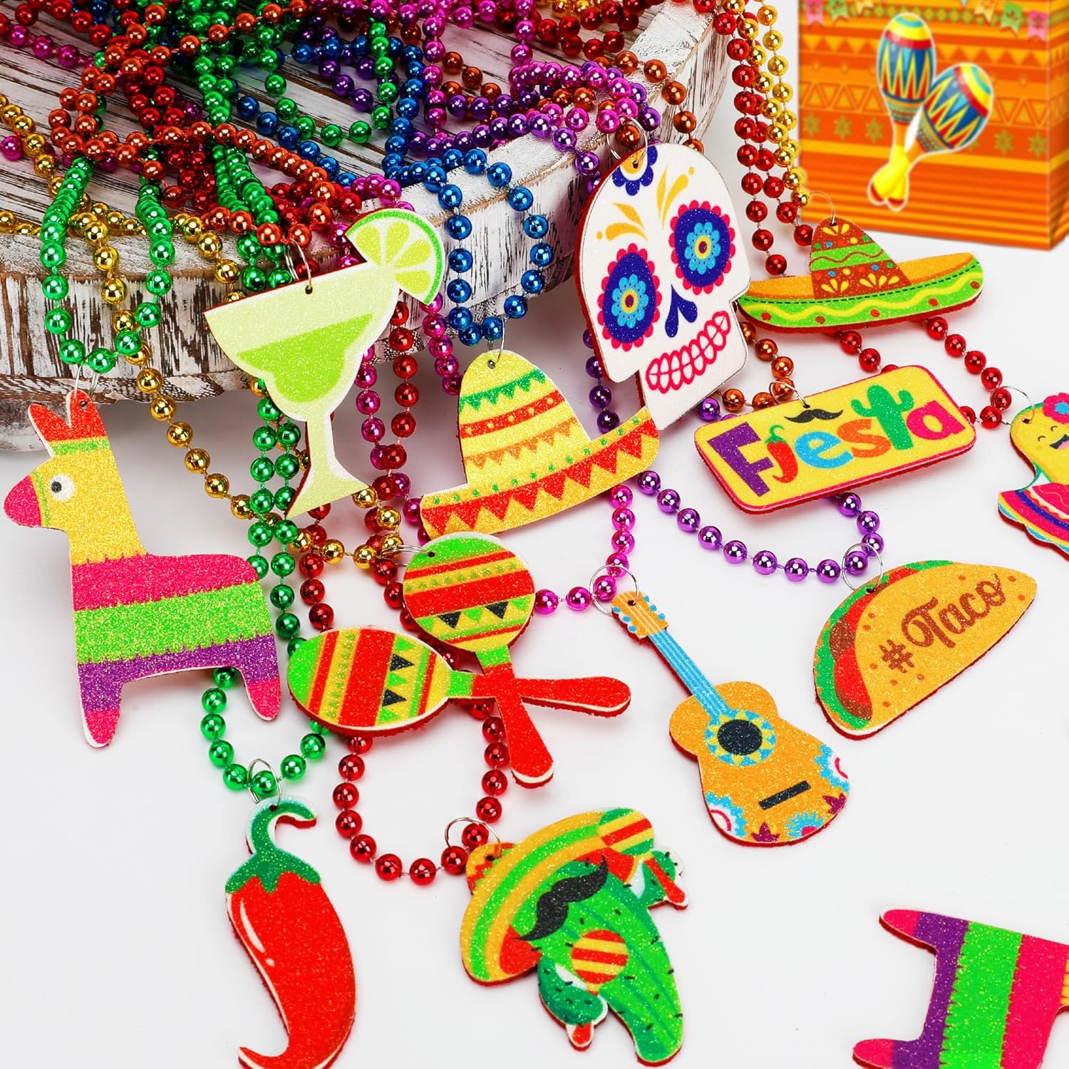 36PCS Cinco de Mayo Party Favors, Fiesta Bead Necklace Decorations, 12 Kinds of Metallic Fiesta Mexican Necklace Party Supplies, Fiesta Cactus Pinata Maracas Accessories for Cinco de Mayo Party Favors