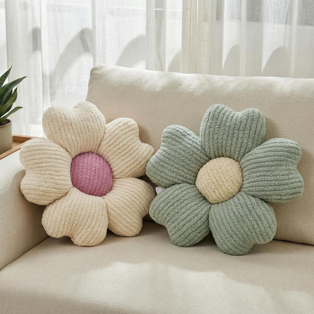 2 Pcs Sage Green Decorative Throw Pillows, 15'' Cute Daisy Flower Shaped Pillow Floor Seating Cushion for Bed Couch Bedroom Room Dorm Decor (Sage Green & Ivory)
