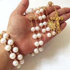 Elegangtmedical handmade White Real Pearl Rose Beads Catholic Rosary Gold Cross Necklace Supper Box