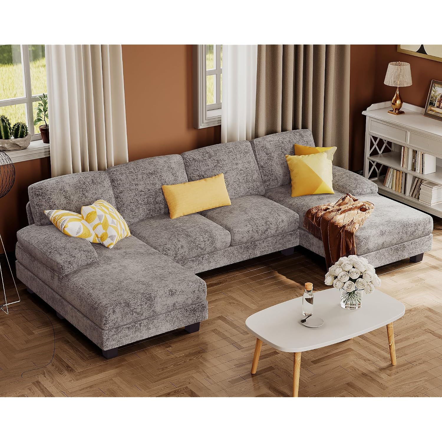 Furmax Sectional Couches For Living Room, U-Shaped Sofa Couch With Linen Fabric, 4 Seat Sofa Set With Double Chaise For Apartment (Chenille, Grey)