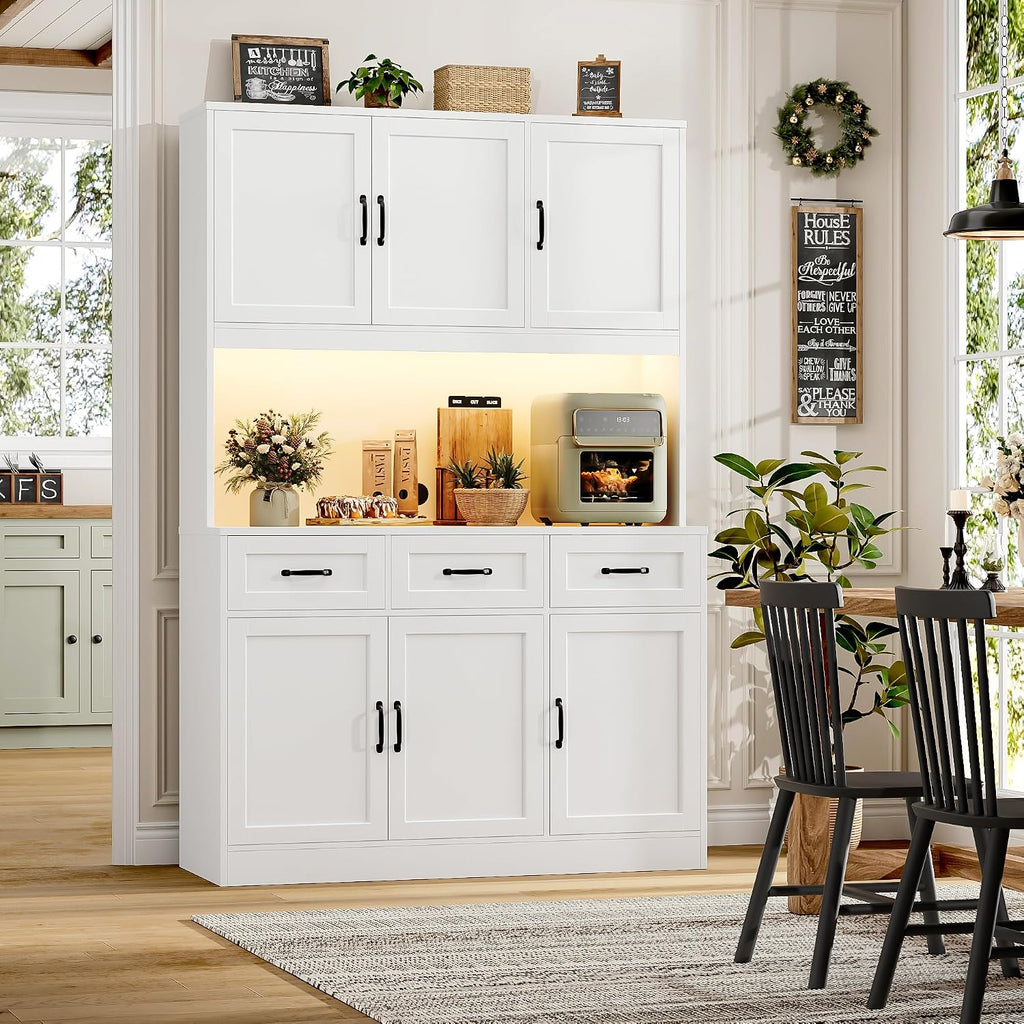 Hostack Kitchen Pantry Storage Cabinet, Tall Kitchen Hutch Cabinet, White | 47"W Food Pantry Cabinet With Smart Led / Charging Station / Countertop / 3 Large Drawers, 72"H Storage Hutch For Dining Room