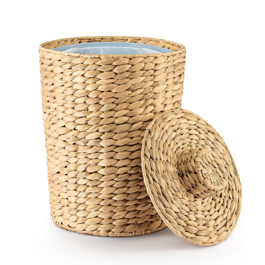 Tidita 2 Gallons Wicker Waste Basket - Water Hyacinth Bathroom Garbage Can With A Lid - Bathroom Trash Can Boho Style - Wicker Trash Can With Lid For Household, Kitchen - Removable Liner, Iron Frame