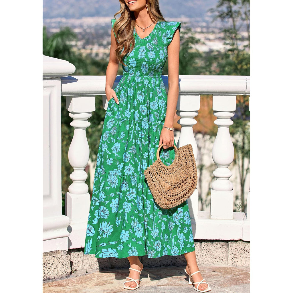 Prettygarden Women'S Boho Floral Maxi Dress 2026 Summer Smocked V Neck Ruffle Sleeve Spring Flowy Beach Vacation Sundresses