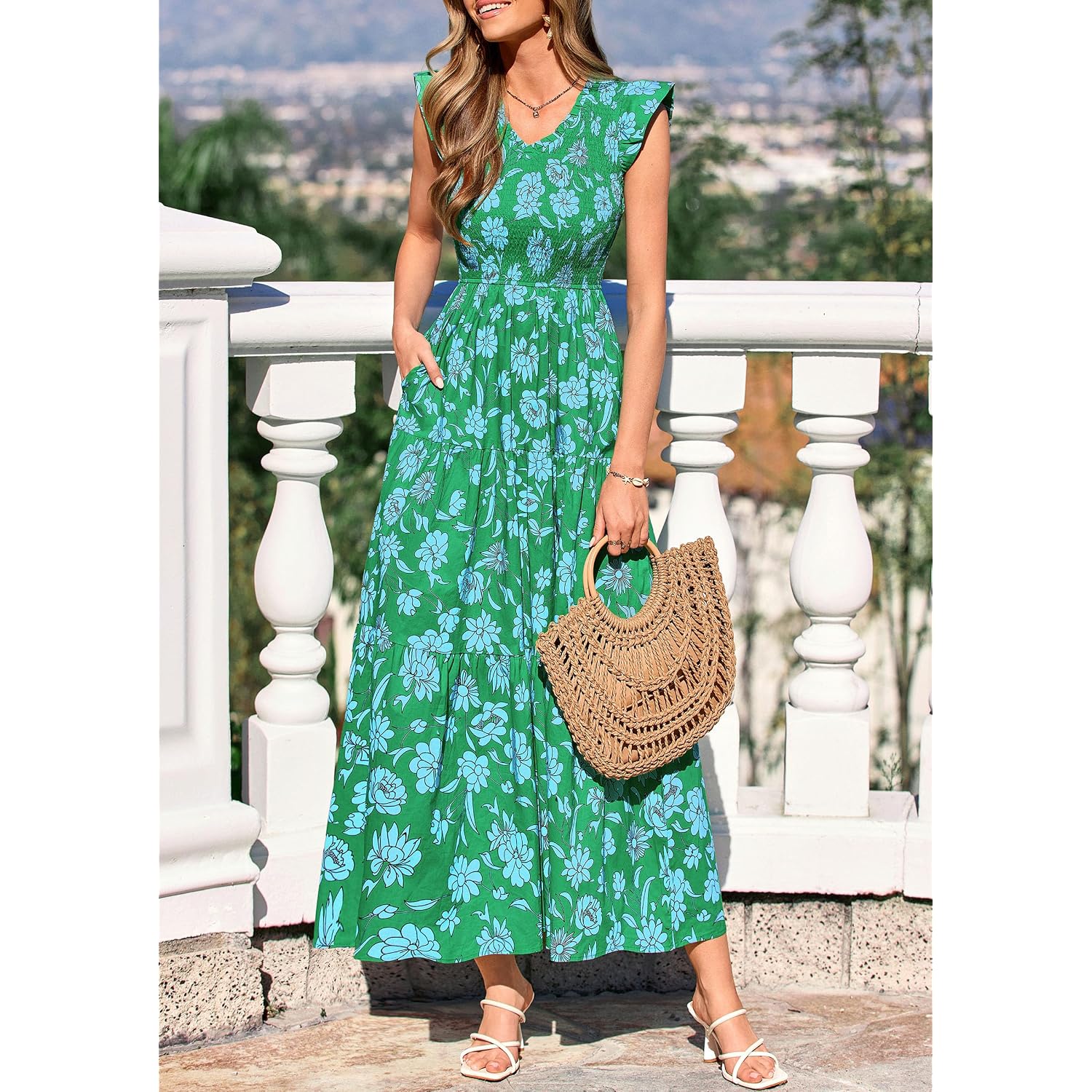 Prettygarden Women'S Boho Floral Maxi Dress 2026 Summer Smocked V Neck Ruffle Sleeve Spring Flowy Beach Vacation Sundresses