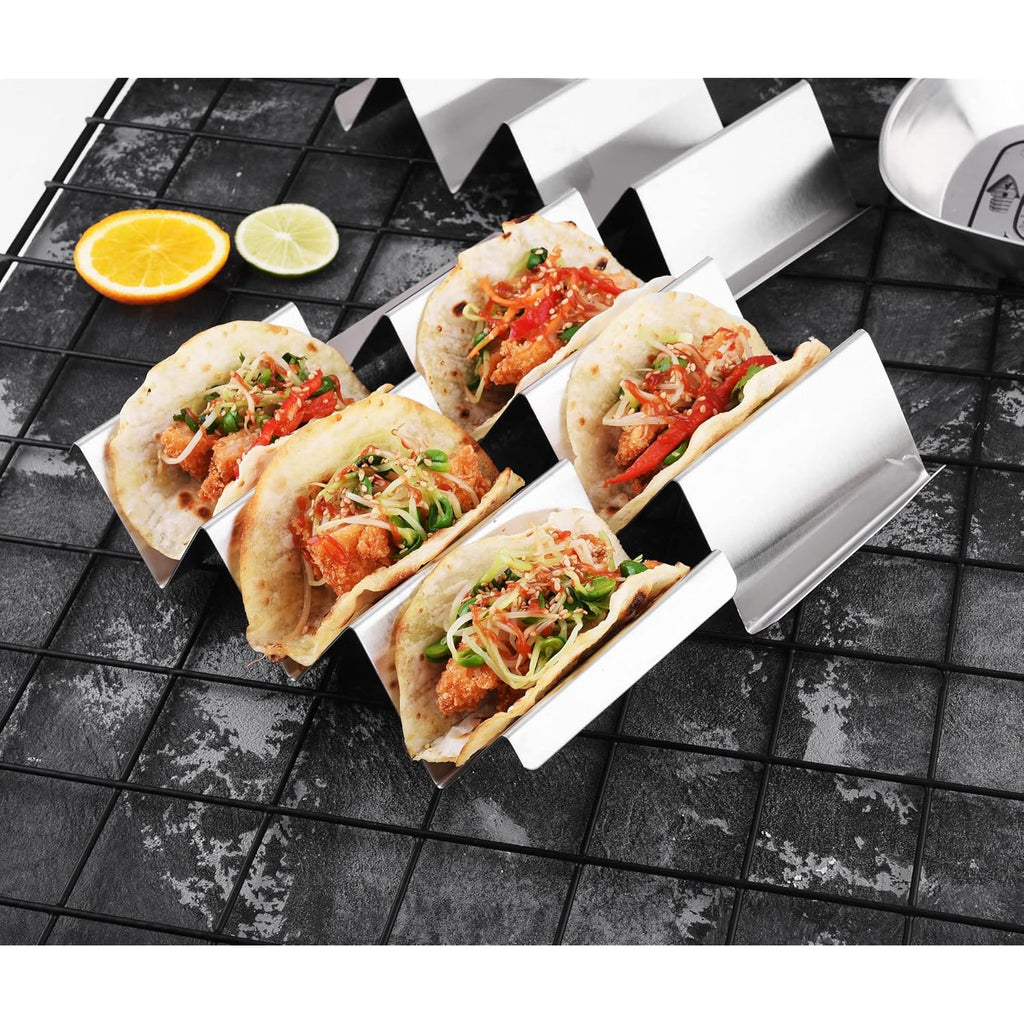 Taco Holders 4 Packs - Stainless Steel Taco Stand Rack Tray Style, Oven Safe for Baking, Dishwasher and Grill Safe