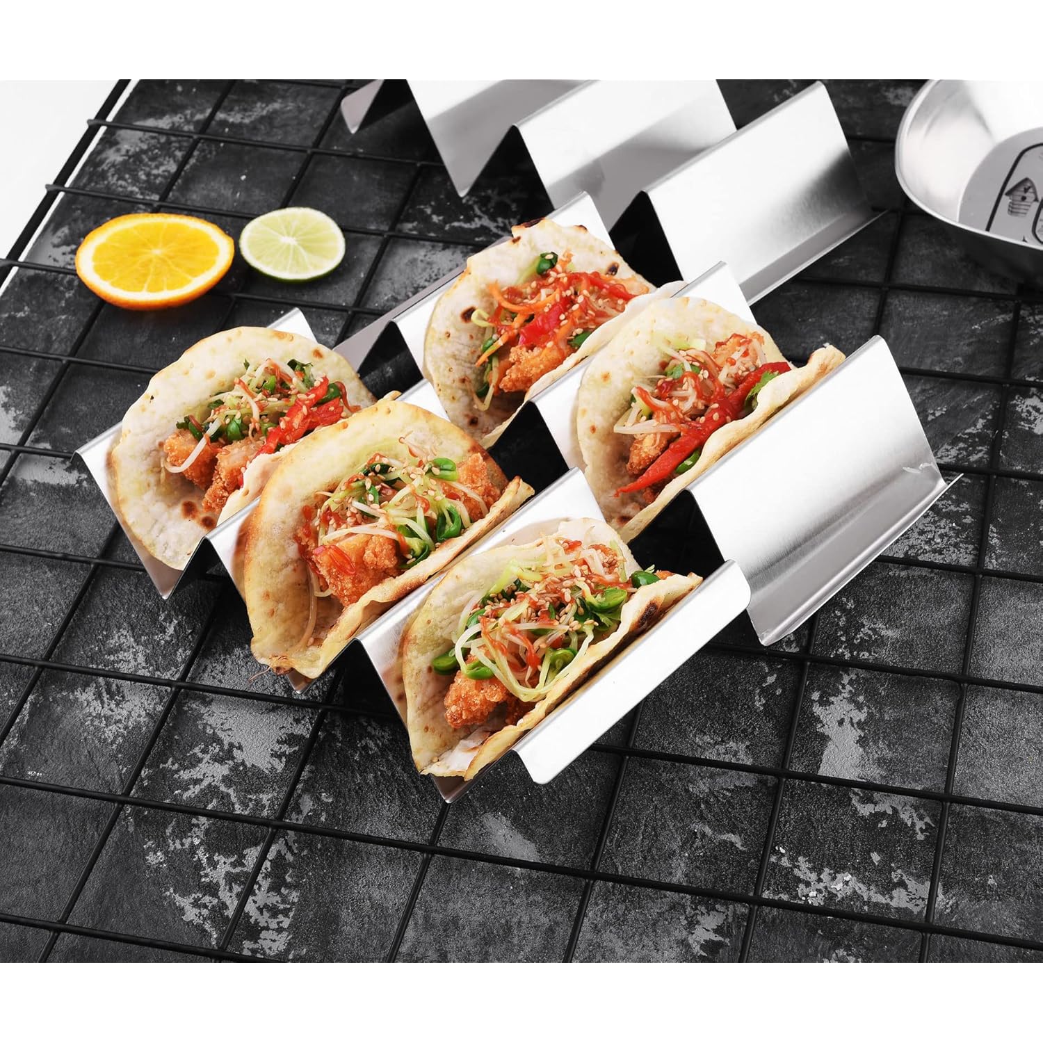 Taco Holders 4 Packs - Stainless Steel Taco Stand Rack Tray Style, Oven Safe for Baking, Dishwasher and Grill Safe