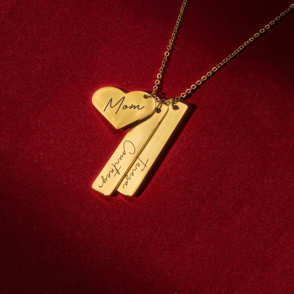 MignonandMignon Custom Name Bar Necklace with Heart Charm | Personalized Engraved Necklace for Women Gold Silver | Mom Necklace with Kids Names Mothers Day Birthday Gift