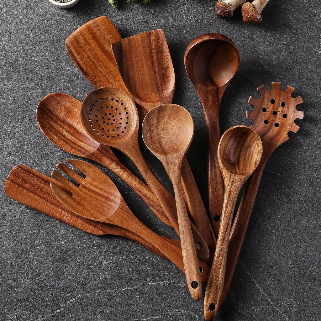 Wooden Spoons For Cooking, 12 Pcs Teak Wood Kitchen Utensils Set With Spoon Rest - Nonstick Heat Resistant Wooden Cooking Utensils, Natural Healthy Spatula Set For Pots And Pans
