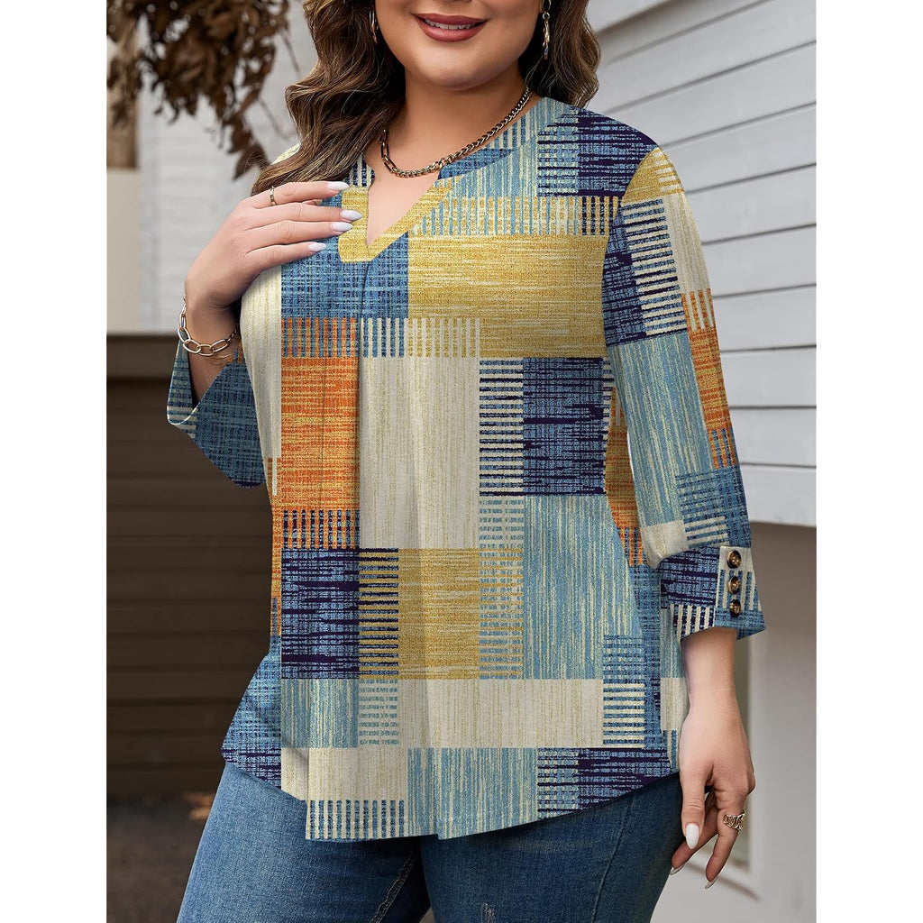 TFSDOD Womens Plus Size Tops 3/4 Length Sleeve Womens Tops V Neck Blouses Pleated Tunic Plus Size Fashion (1X-5X)