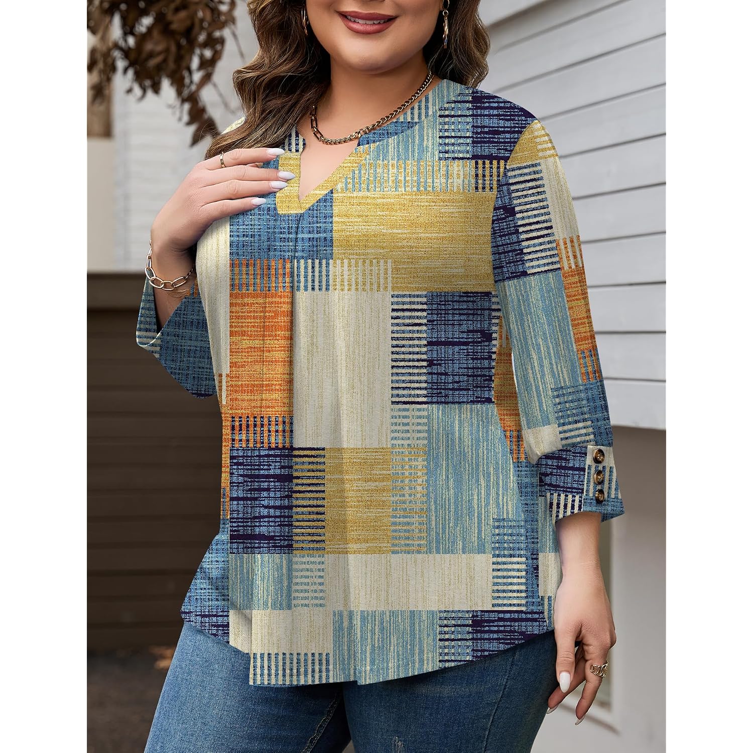 TFSDOD Womens Plus Size Tops 3/4 Length Sleeve Womens Tops V Neck Blouses Pleated Tunic Plus Size Fashion (1X-5X)