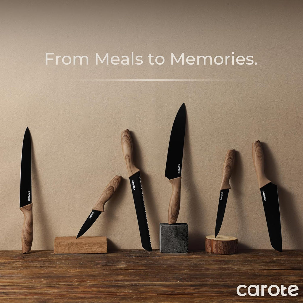 CAROTE 12PCS Knife Set, Stainless Steel Kitchen Knife Set with Nonstick Ceramic Coating, 6 Knives with Blade Guards, Rustproof, Easy-Clean, Black