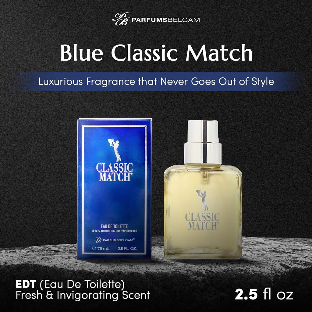 PB ParfumsBelcam Blue Classic Match Eau de Toilette Spray for Men – Modern Citrus Fougere Fragrance, Notes of Melon, Moss and Patchouli, Cologne Alternative, Signature Fragrance – 2.54 Fl Oz