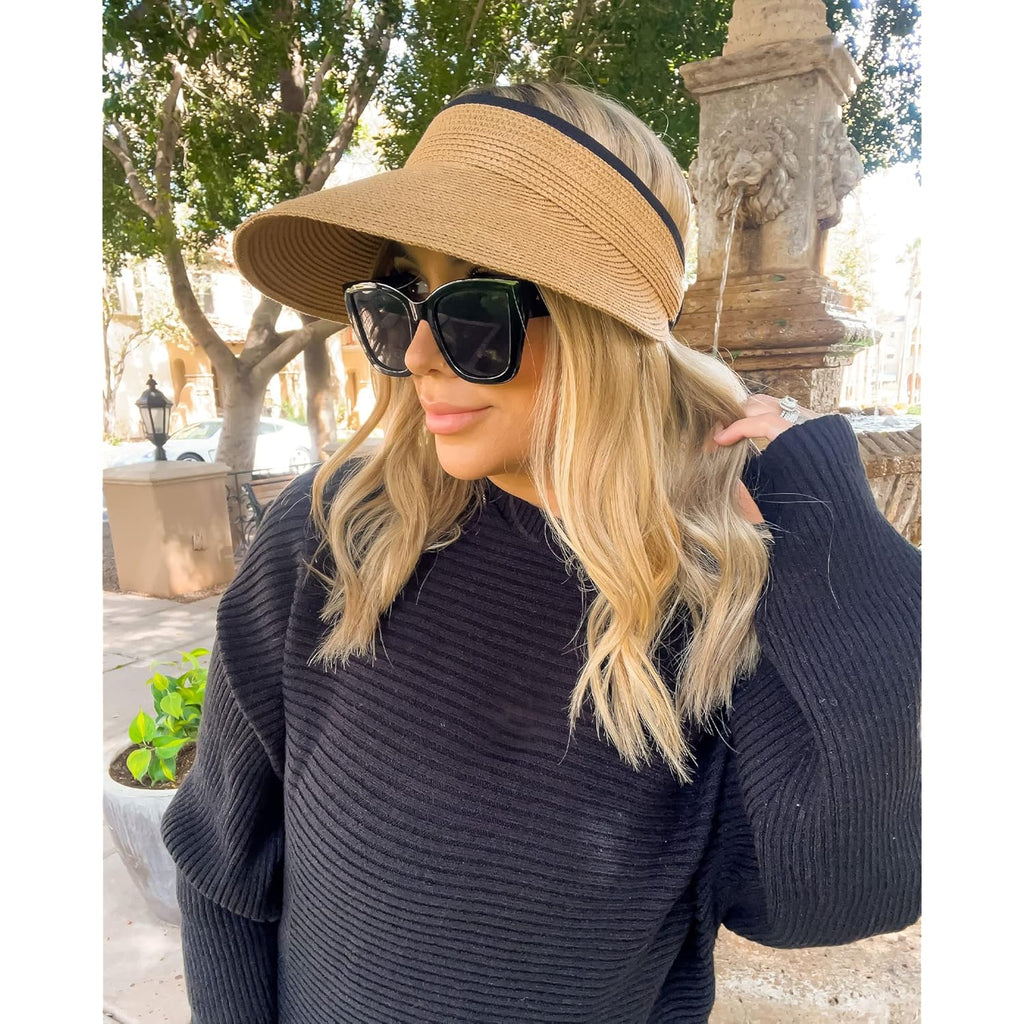 FURTALK Womens Sun Visor Hat Straw Sun Visors for Women Summer Packable Ponytail Beach Hats for Women Travel UPF 80+