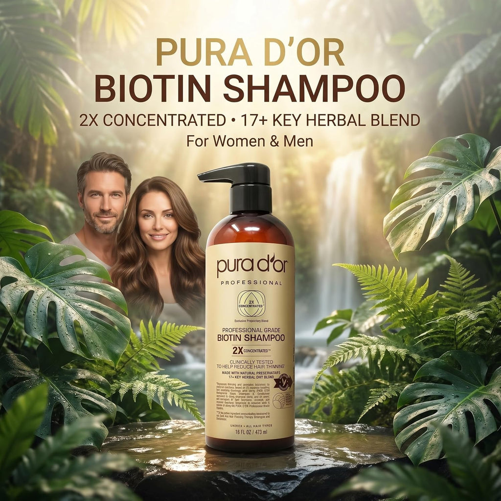 Pura D'Or Clinically Formulated Biotin Shampoo - Daily Hair Care Routine For Thinning Hair - 2X Concentrated 17+ Key Herbal Blend Hair Thickening Products For Women & Men, Botanical Zen Scent 16 Fl Oz