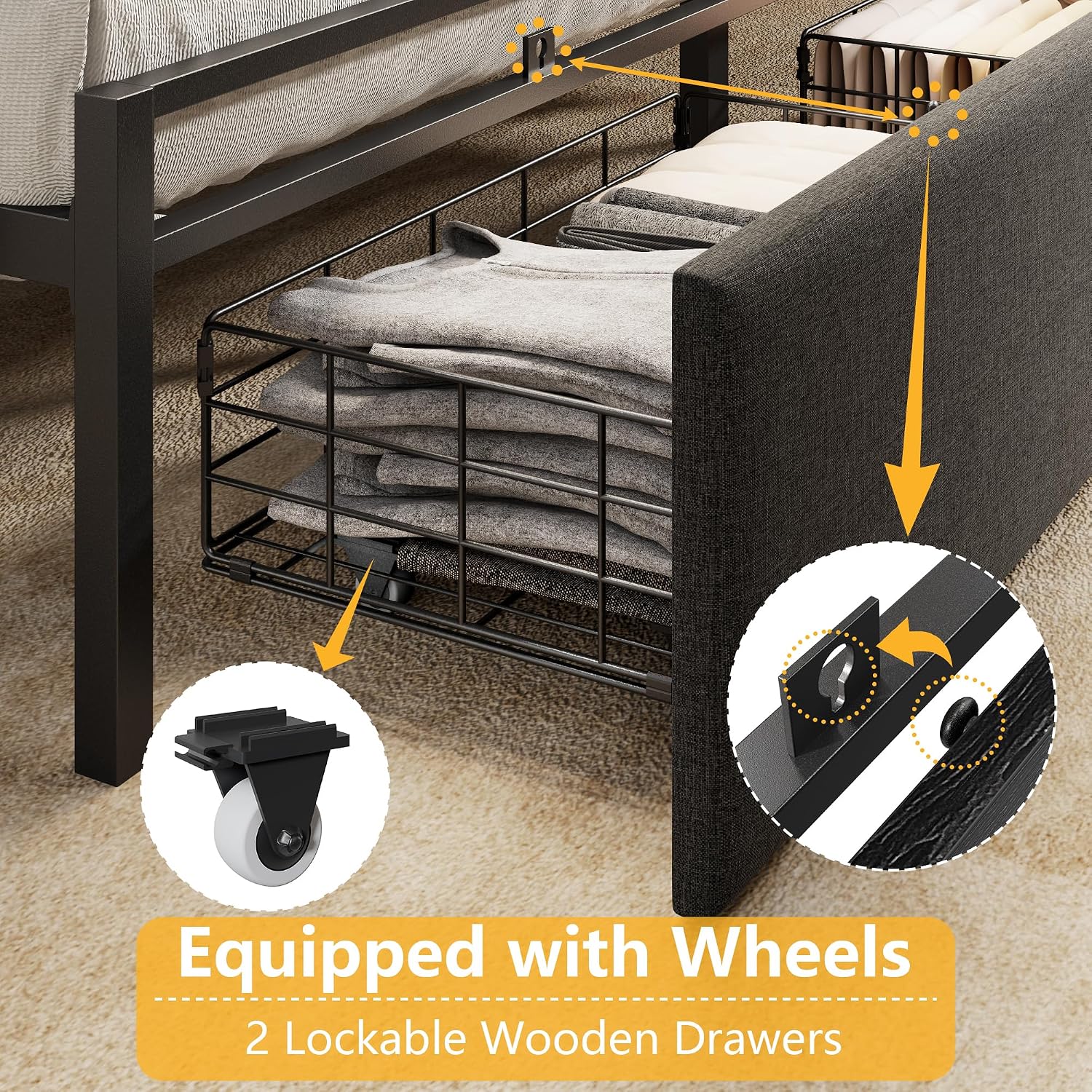 Queen Bed Frame With Storage Drawers, Upholstered Headboard With Led Light & Charging Station, Metal Platform Bed Frame Queen Size, Noise Free, No Box Spring Needed, Black (1200 Lbs Capacity)