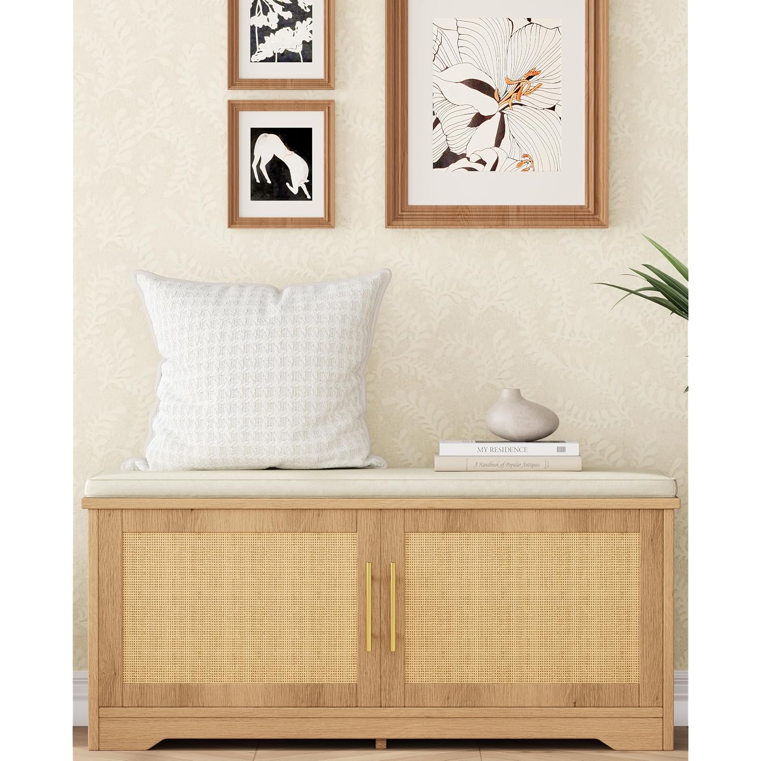 Rattan Shoe Storage Bench, 39.4" Wide Entryway Bench, Natural Oak | Hidden Shoe Organizer Cabinet With Cushion, Shoe Rack Bench With Adjustable Shelves, For Hallway Living Room, Natural Oak