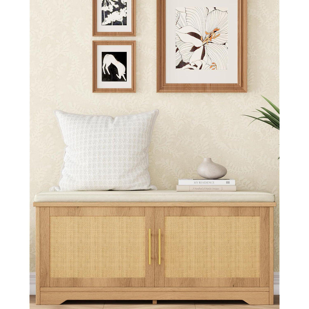 Rattan Shoe Storage Bench, 39.4" Wide Entryway Bench, Natural Oak | Hidden Shoe Organizer Cabinet With Cushion, Shoe Rack Bench With Adjustable Shelves, For Hallway Living Room, Natural Oak