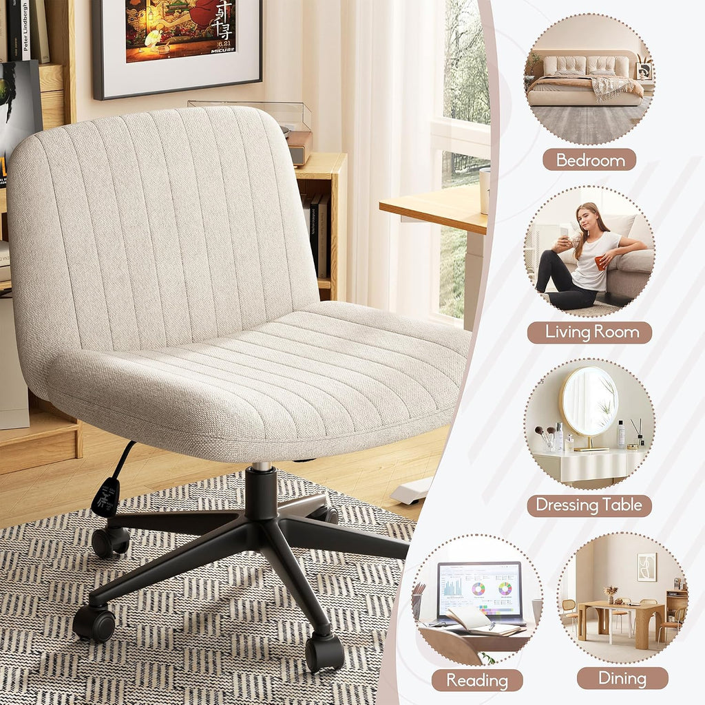Cross Legged Office Chair, Armless Wide Chair'S For Vanity Desk, Criss Cross Comfy Chairs With Back, Desk Chair/S Of Height Adjustable Swivel, White