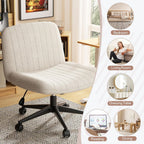 Cross Legged Office Chair, Armless Wide Chair'S For Vanity Desk, Criss Cross Comfy Chairs With Back, Desk Chair/S Of Height Adjustable Swivel, White