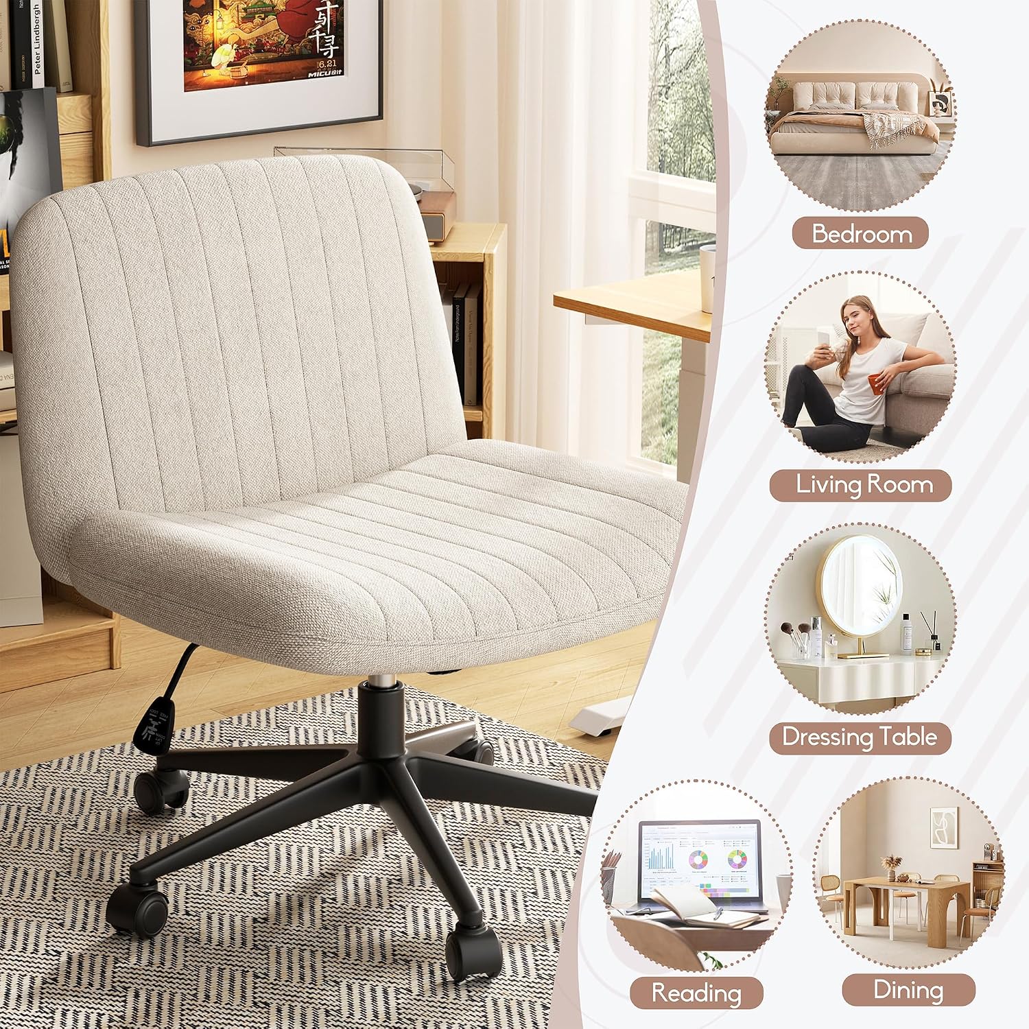 Cross Legged Office Chair, Armless Wide Chair'S For Vanity Desk, Criss Cross Comfy Chairs With Back, Desk Chair/S Of Height Adjustable Swivel, White